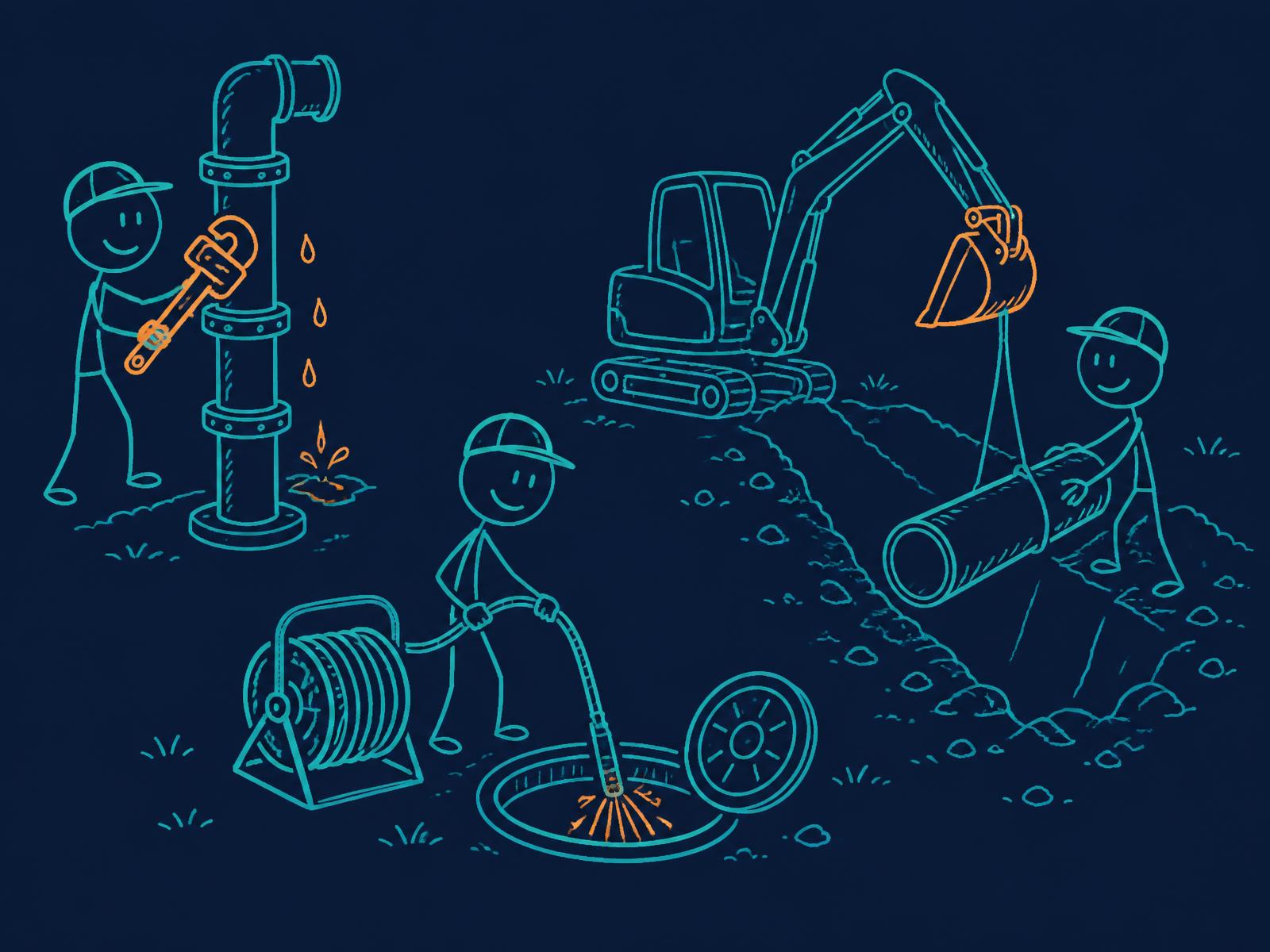 Illustration med streckgubbar som utför rörarbete, spolning och schakt för nya ledningar